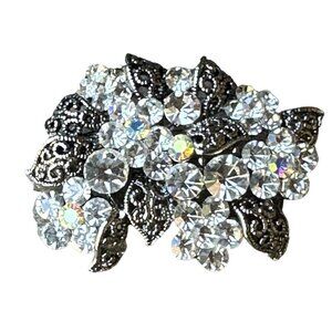 VTG Brooch Pin 1 3/8" AB Rhinestones Blooming‎ Flower Cluster Rhodium Plated MCM